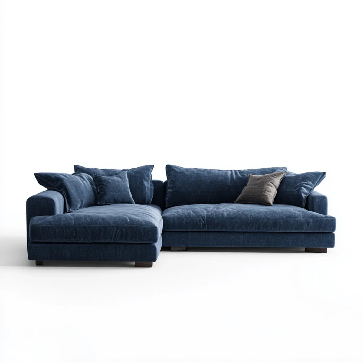 Sofa, Kanapa narożna 4 fotele z krzesełkiem z lewym niebieskim, granatowym aksamitem poliestrowym do 270 x 165 x 85 cm