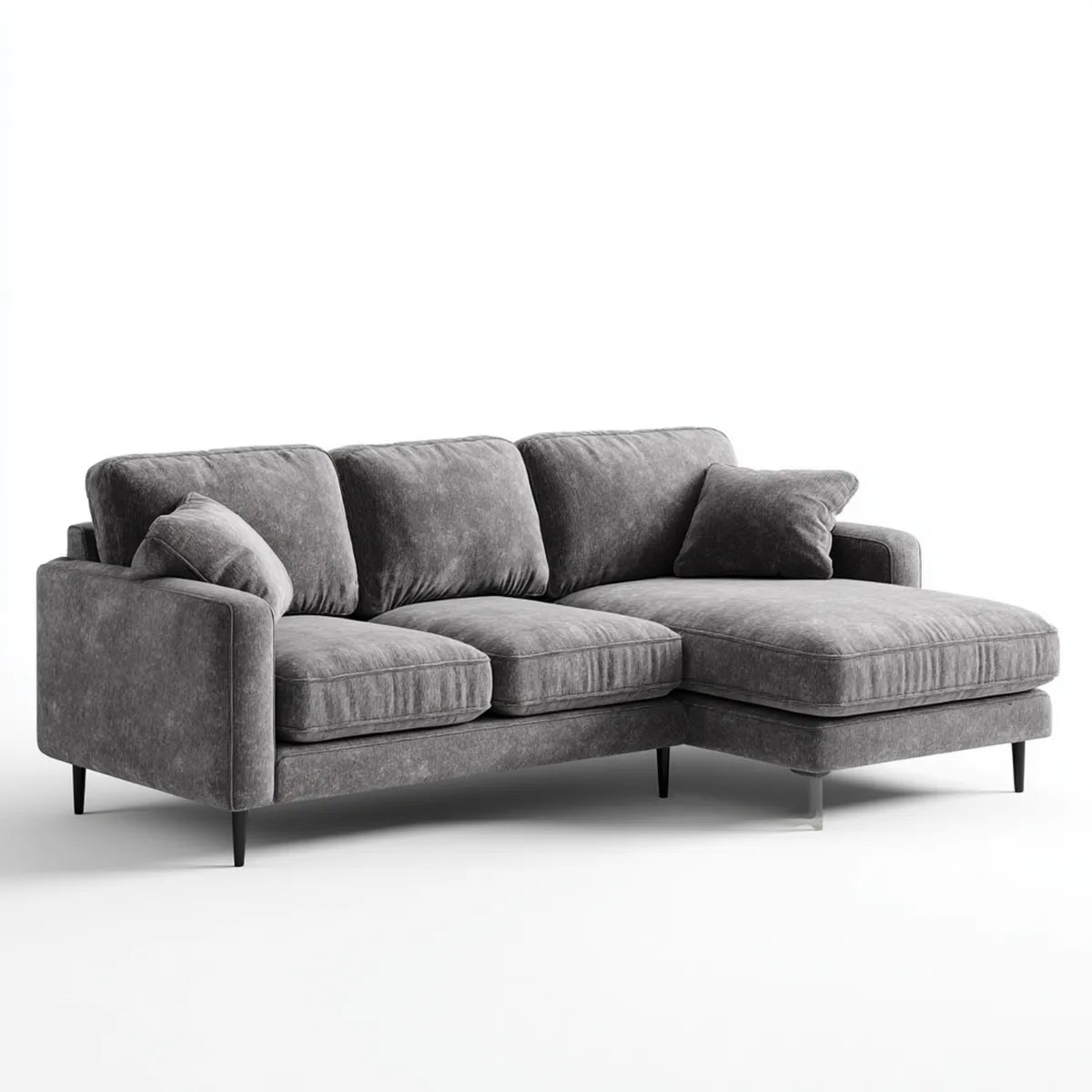 Sofa, Rożna sofa 3 fotele z krzesełkiem z prawej szarej, 250 x 160 x 85 cm w poliestrowym aksamicie w kształcie litery L