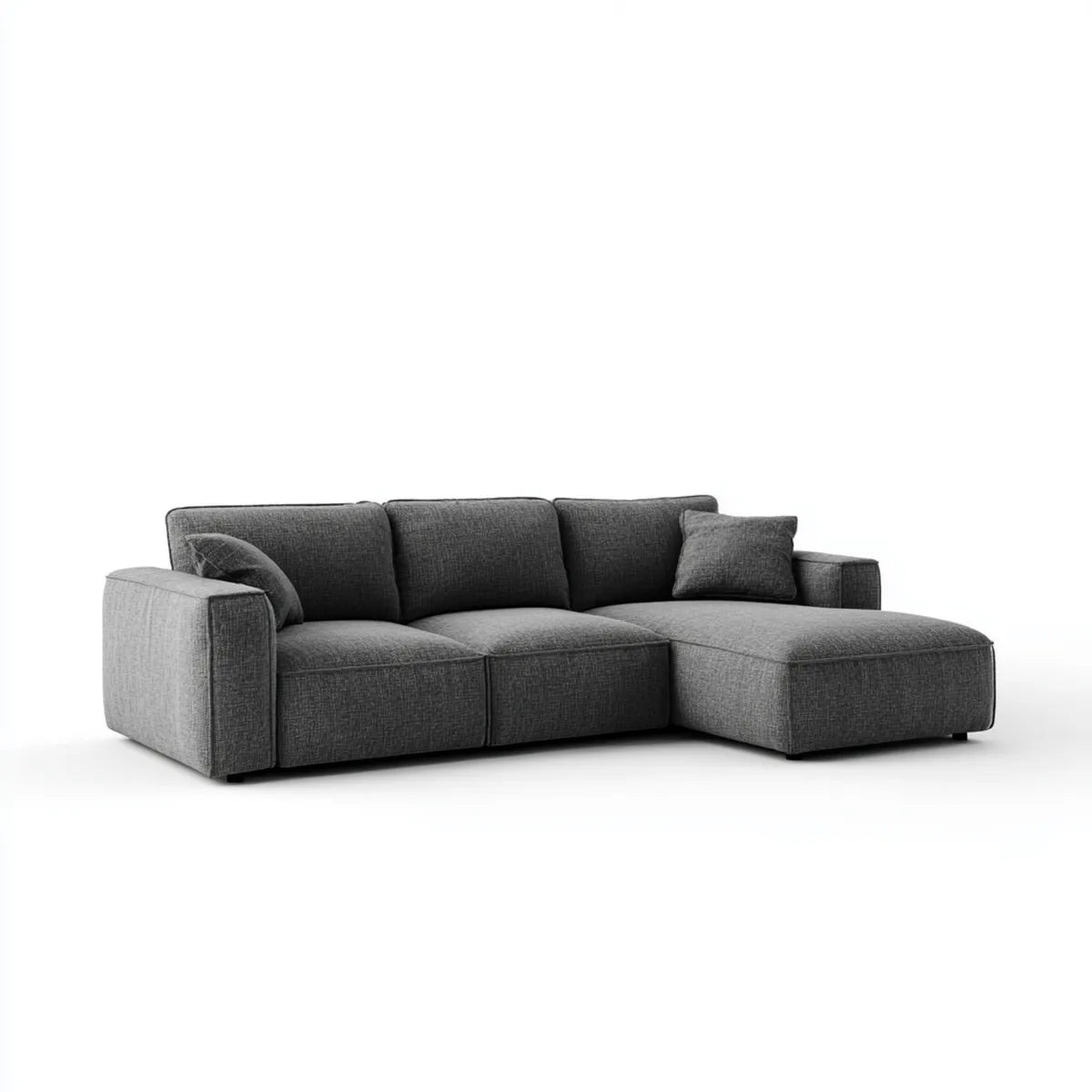 Sofa, Kanapa narożna 3 fotele z krzesełkiem z prawej ciemnoszarej, 260 x 160 x 85 cm w kształcie poliestru L