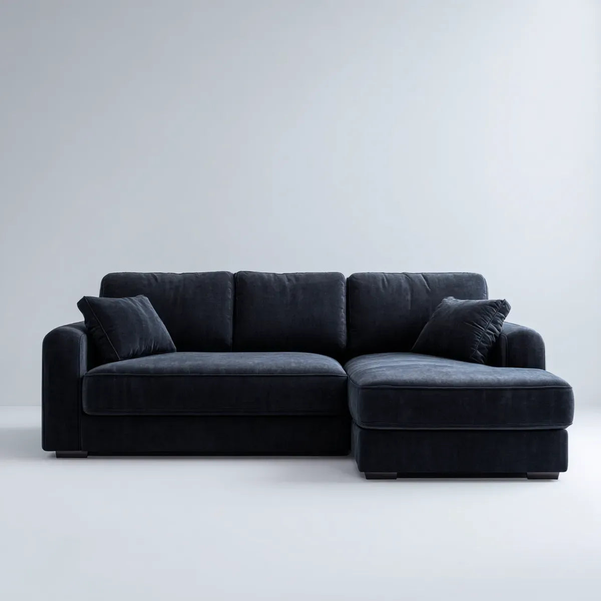 Sofa, Kanapa narożna 3 ciemnoniebieskie poliestrowe aksamitne siedzenia z krzesełkiem z prawej strony 250 x 160 x 85 cm