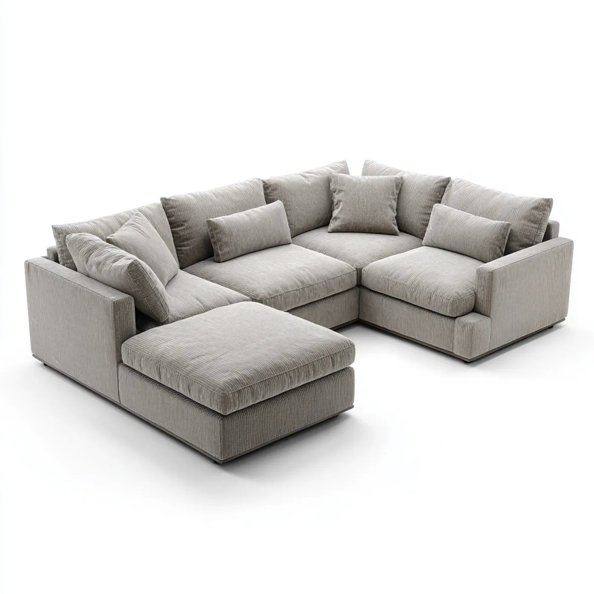Sofa, Modułowa kanapa kątowa z krzesełkiem z szarym aksamitem z taśmy 300 x 220 x 85 cm do L