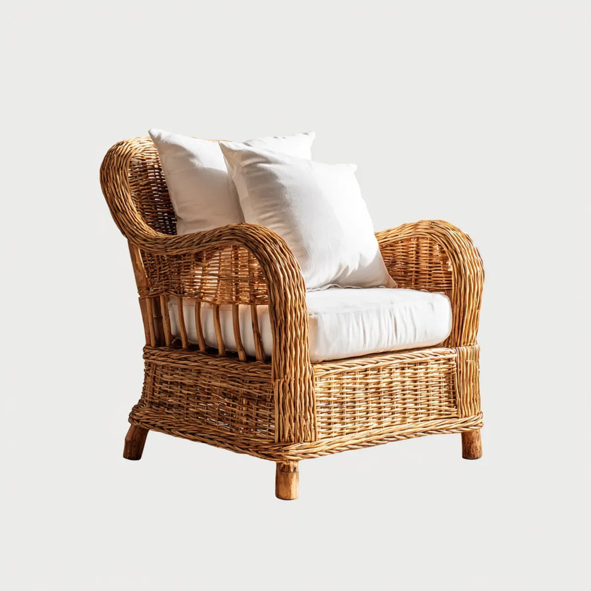 Fotel, Krzesło rattan naturalne brązowy biały z tapicerką poduszki zaokrąglony kształt 75 x 82 x 85 cm