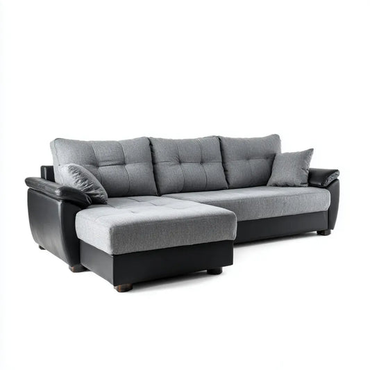 Sofa narożna z lewym rekamerem Szara czarny 260 x 160 x 88 cm tapicerka poliestrowa PU sztucznej skóry