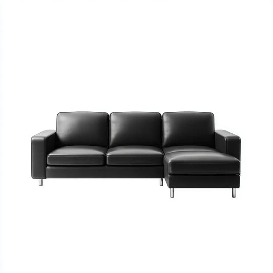 Sofa, Kanapa narożna 3 czarne siedzenia ze skóry syntetycznej PU w 225 x 140 x 85 cm z prawym szezlongiem