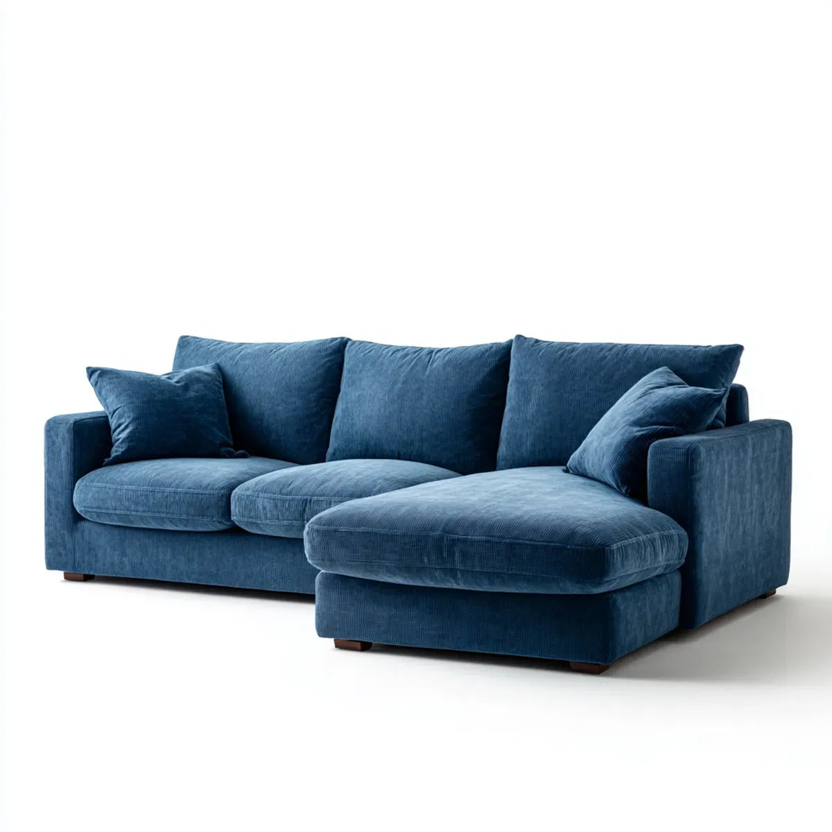 Sofa, Kanapa narożna 3 niebieskie łóżka aksamitne w żebrze poliestrowym z prawym półwyspem 250 x 160 x 85 cm