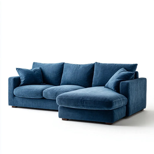 Sofa, Kanapa narożna 3 niebieskie łóżka aksamitne w żebrze poliestrowym z prawym półwyspem 250 x 160 x 85 cm