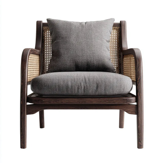 Fotel, Pokój dzienny fotel szary 75 x 78 x 82 cm z litego drewna rattan braidu i poliestrowej pokrywy zaokrąglony kształt
