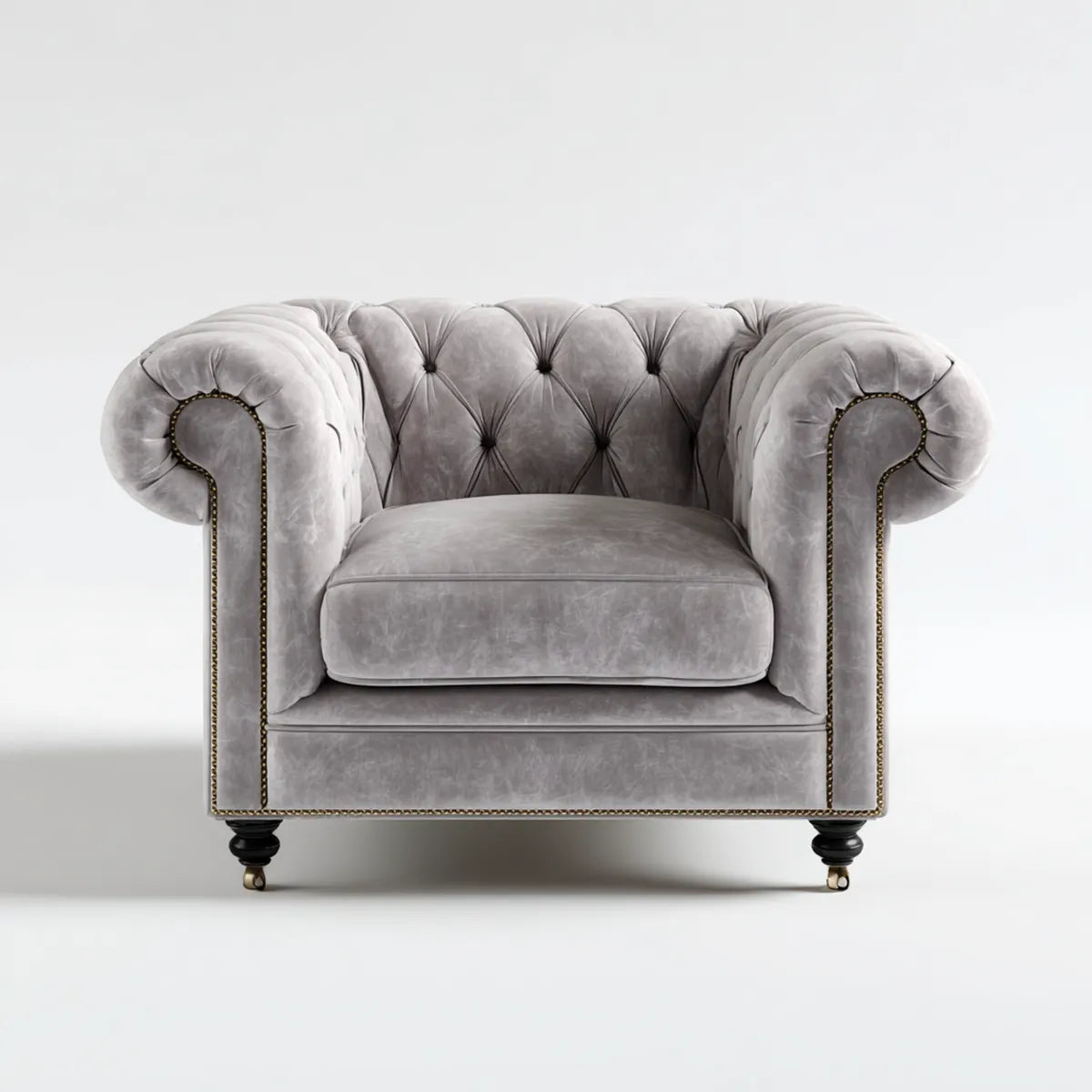 Fotel, Szary fotel Chesterfield 120 x 90 x 75 cm z tapicerką aksamitną poliestru i zwojów
