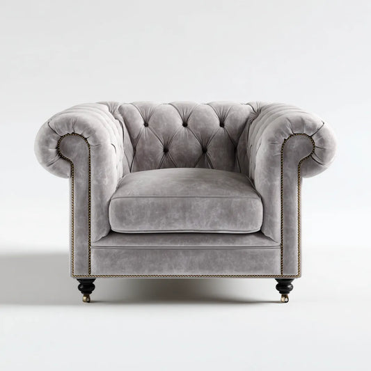 Fotel, Szary fotel Chesterfield 120 x 90 x 75 cm z tapicerką aksamitną poliestru i zwojów