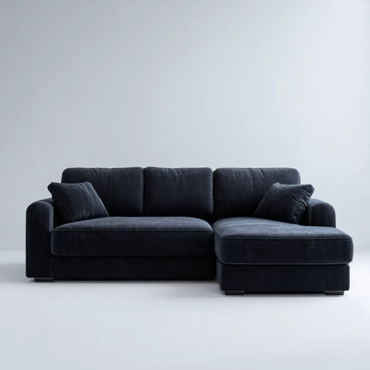 Sofa, Kanapa narożna 3 ciemnoniebieskie poliestrowe aksamitne siedzenia z krzesełkiem z prawej strony 250 x 160 x 85 cm