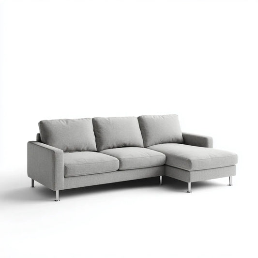 Sofa, Kanapa narożna 3 miejsca jasnoszary w poliestrze z krzesełkiem z haczykiem w prawo w 240 x 160 x 85 cm