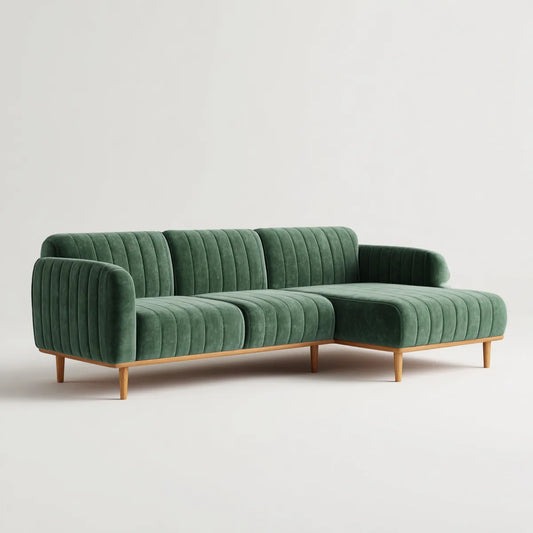 Sofa, Kanapa narożna 3 ciemnozielone miejsca w aksamicie poliestrowym do 250 x 160 x 78 cm