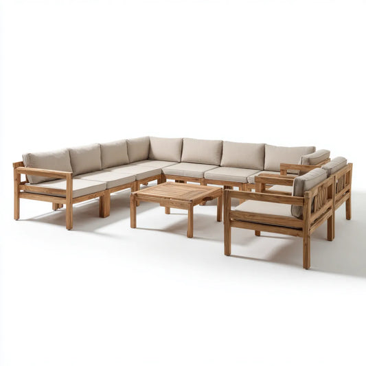 Sofa ogrodowa, Ogrodowy salon zestaw beżowy z narożną sofą fotel i stół z acacia 280 x 220 cm